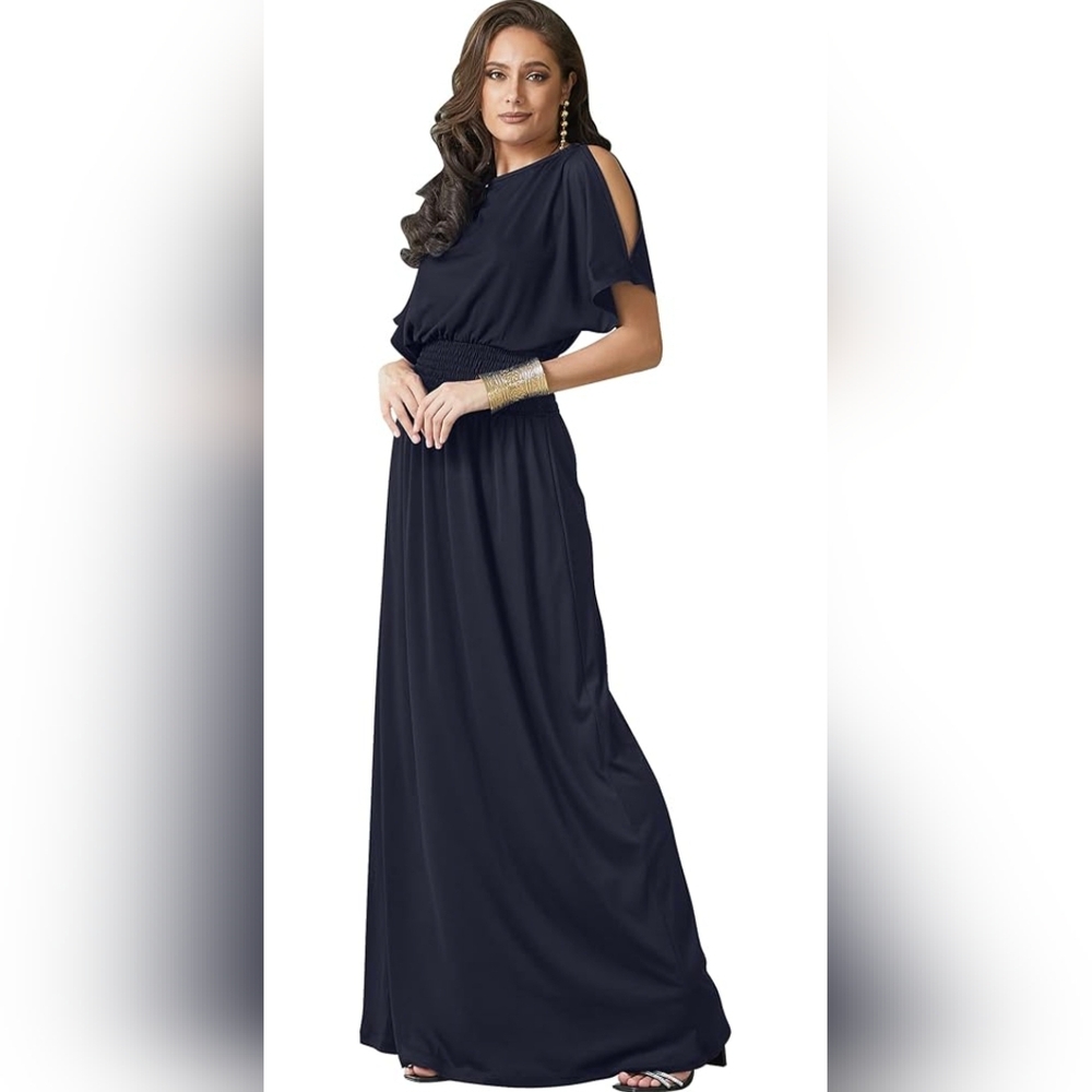 Elegant Navy Blue Maxi Dress KOH KOH Maxi Dress Split Sleeves Smocked Elegant